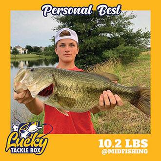10.2 lbs bass fish with the background of Lucky Tackle Box Logo