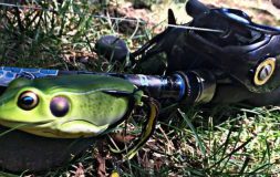 Frog bait next to fishing rod on the grass