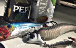 Two fish baits next to drink cans on the white surface